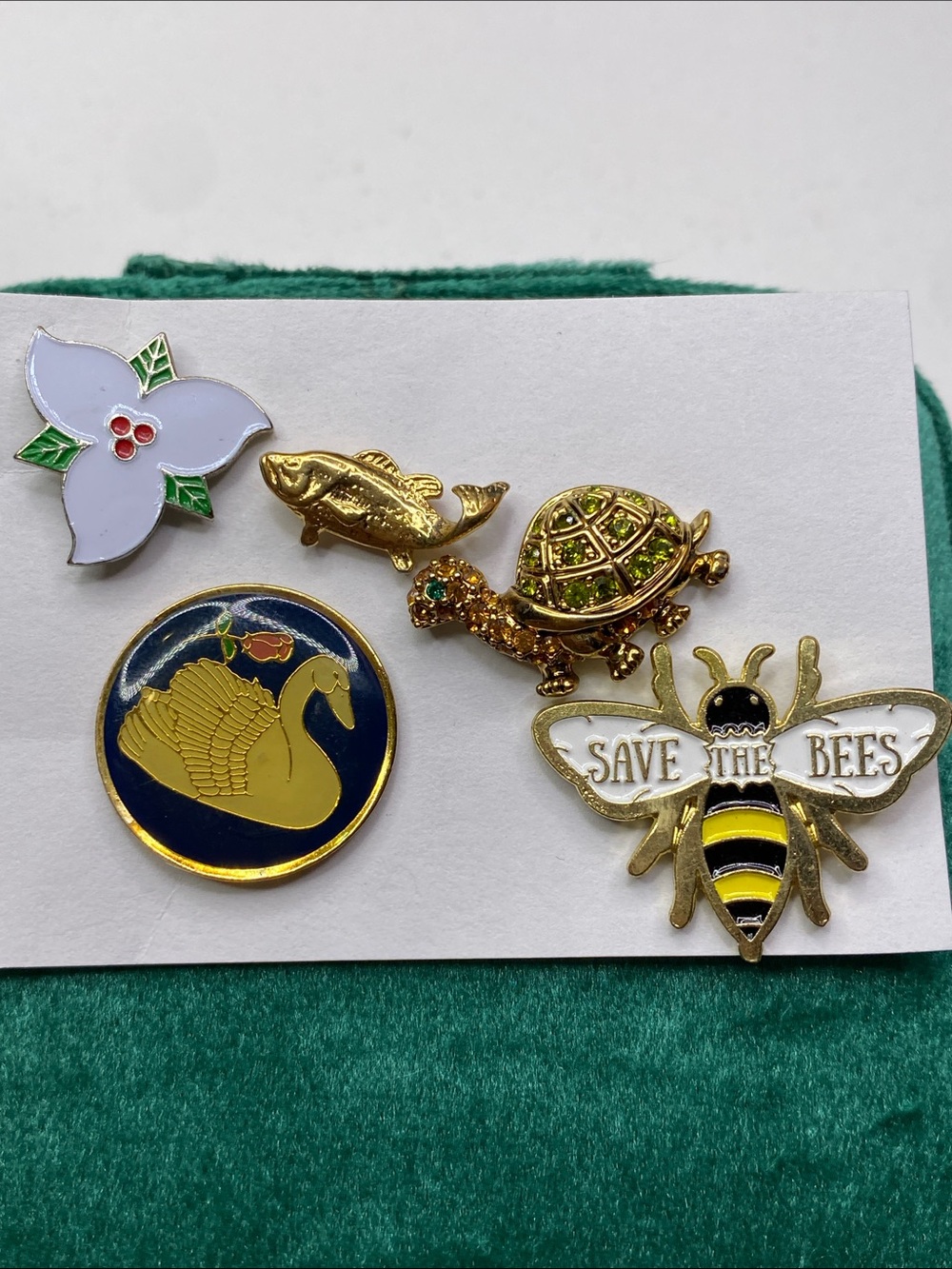 Cute Animal Enamel Pin Set - Gold, Green, White & Navy Accents